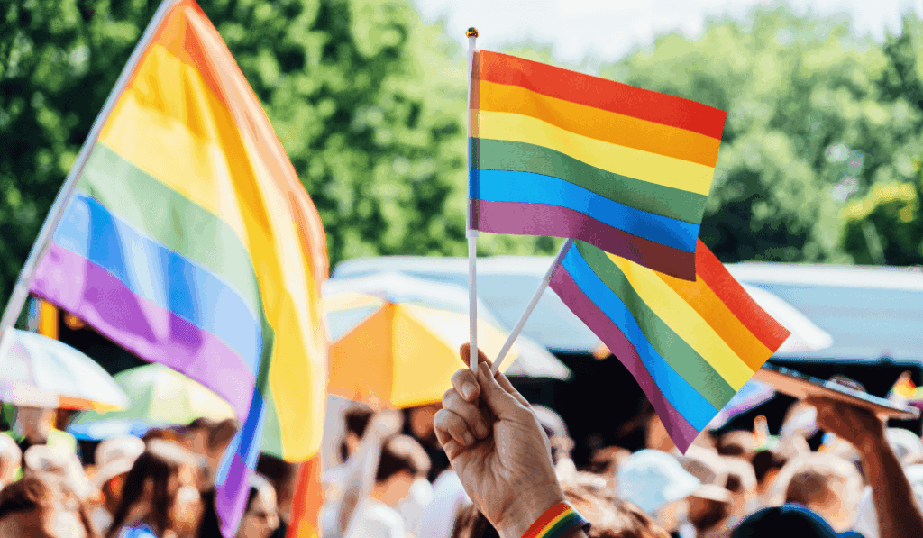 People hold LGBTQ+ pride flags