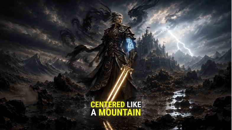 A warrior in ornate armor holds a glowing sword in a dark fantasy landscape with mountains.