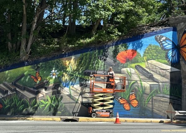 A mural artist on a lift paints a large-scale butterfly and flower garden scene on a concrete wall.